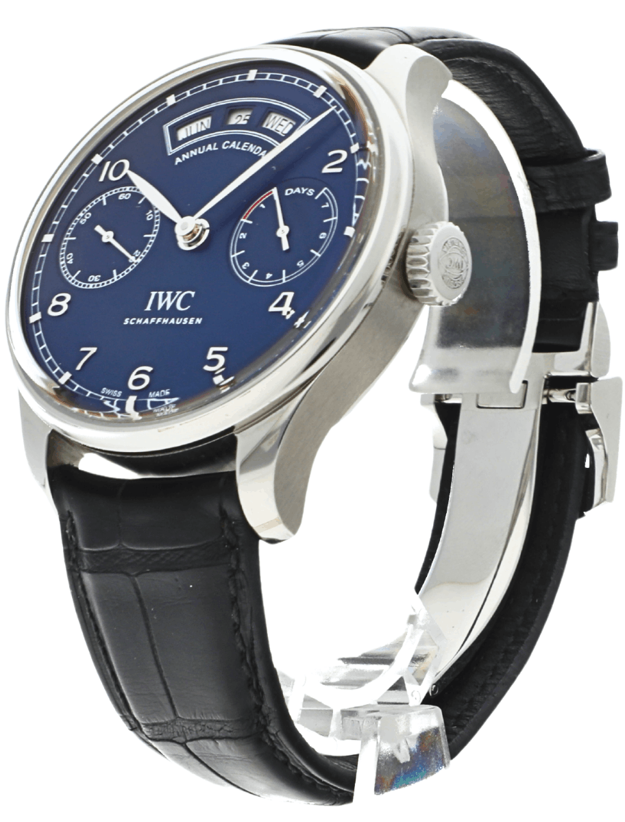 Front side view of pre-owned IWC Schaffhausen luxury wristwatch with a blue dial, leather strap, and stainless steel case.
