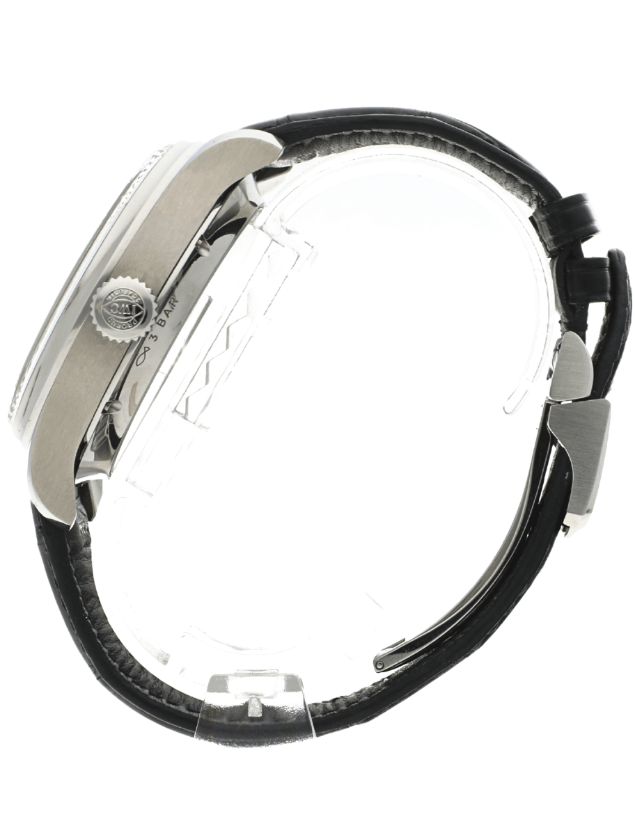 Side view of pre-owned IWC Schaffhausen luxury wristwatch with leather strap, and stainless steel case.