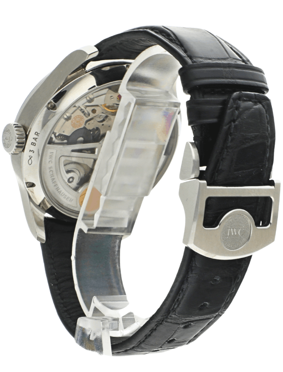 Back view of pre-owned IWC Schaffhausen automatic wristwatch with visible movement, leather strap, and stainless steel case with deployant clasp