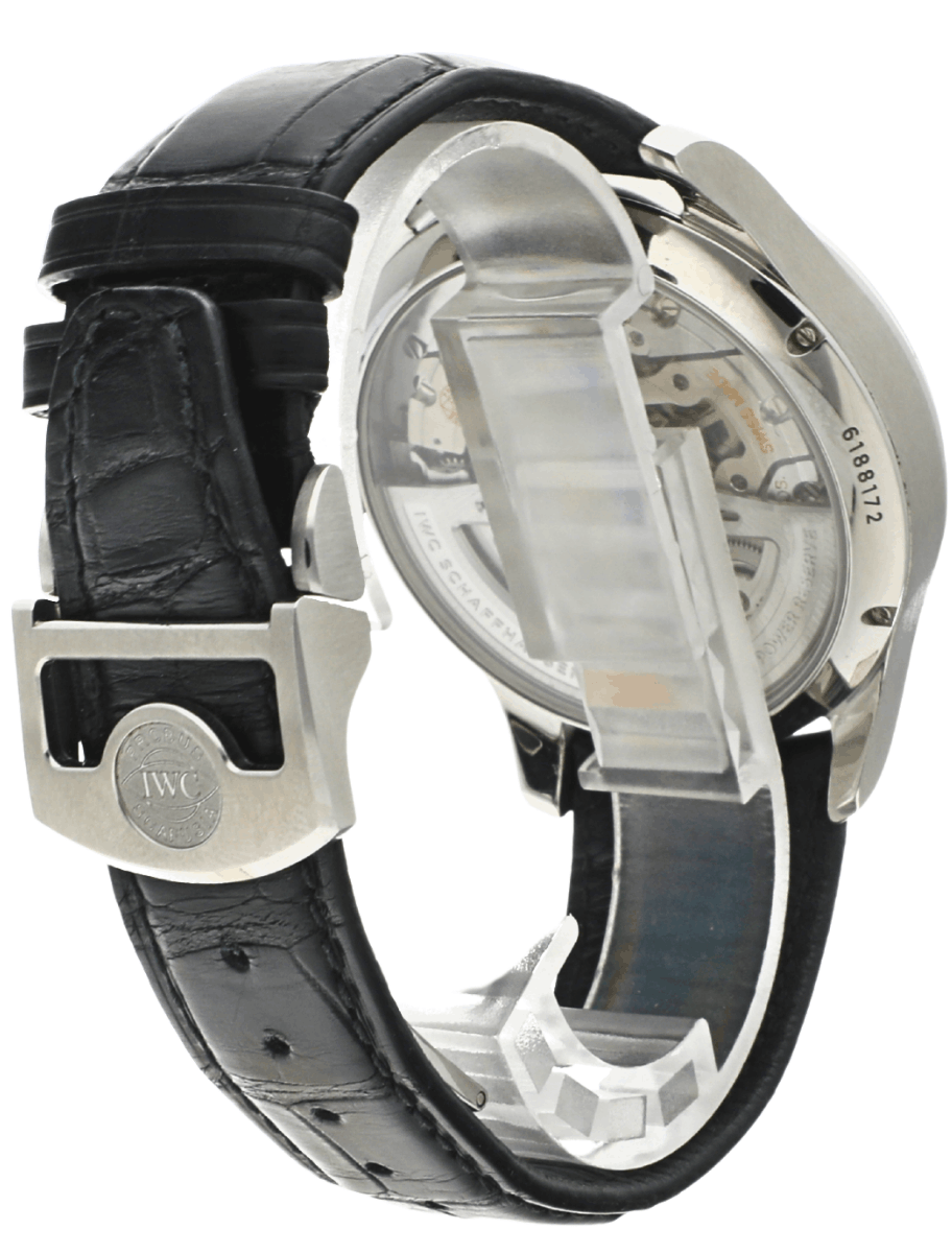 Back view of pre-owned IWC Schaffhausen automatic wristwatch with visible movement, leather strap, and stainless steel case with deployant clasp