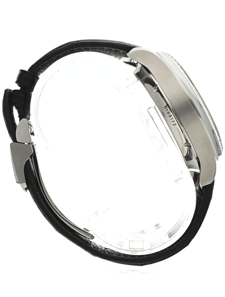 Side view of pre-owned IWC Schaffhausen luxury wristwatch with leather strap, and stainless steel case.