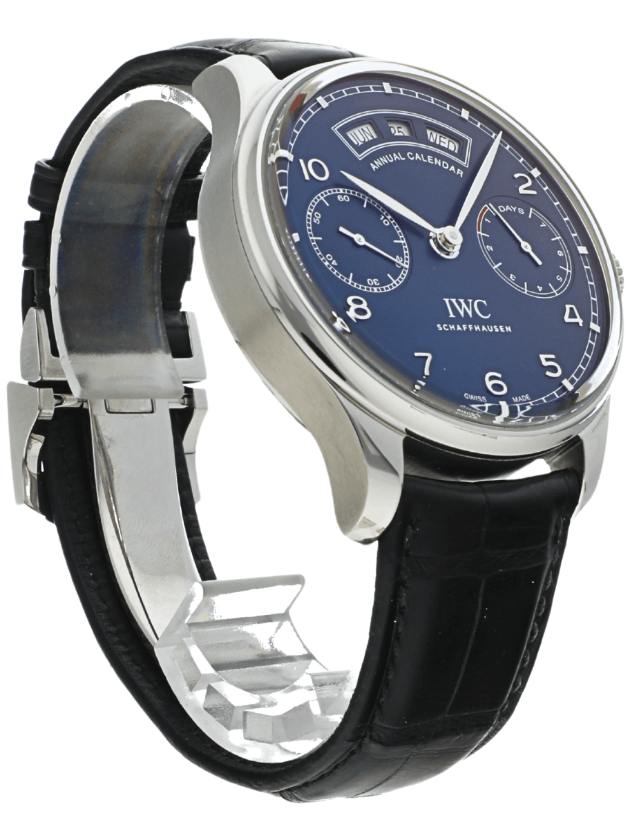 Front side view of pre-owned IWC Schaffhausen luxury wristwatch with a blue dial, leather strap, and stainless steel case.