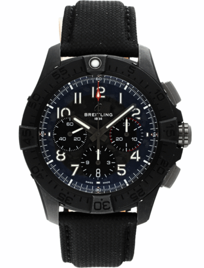 Pre-owned Breitling wristwatch with black ceramic case, carbon dial, and black calfskin military strap.