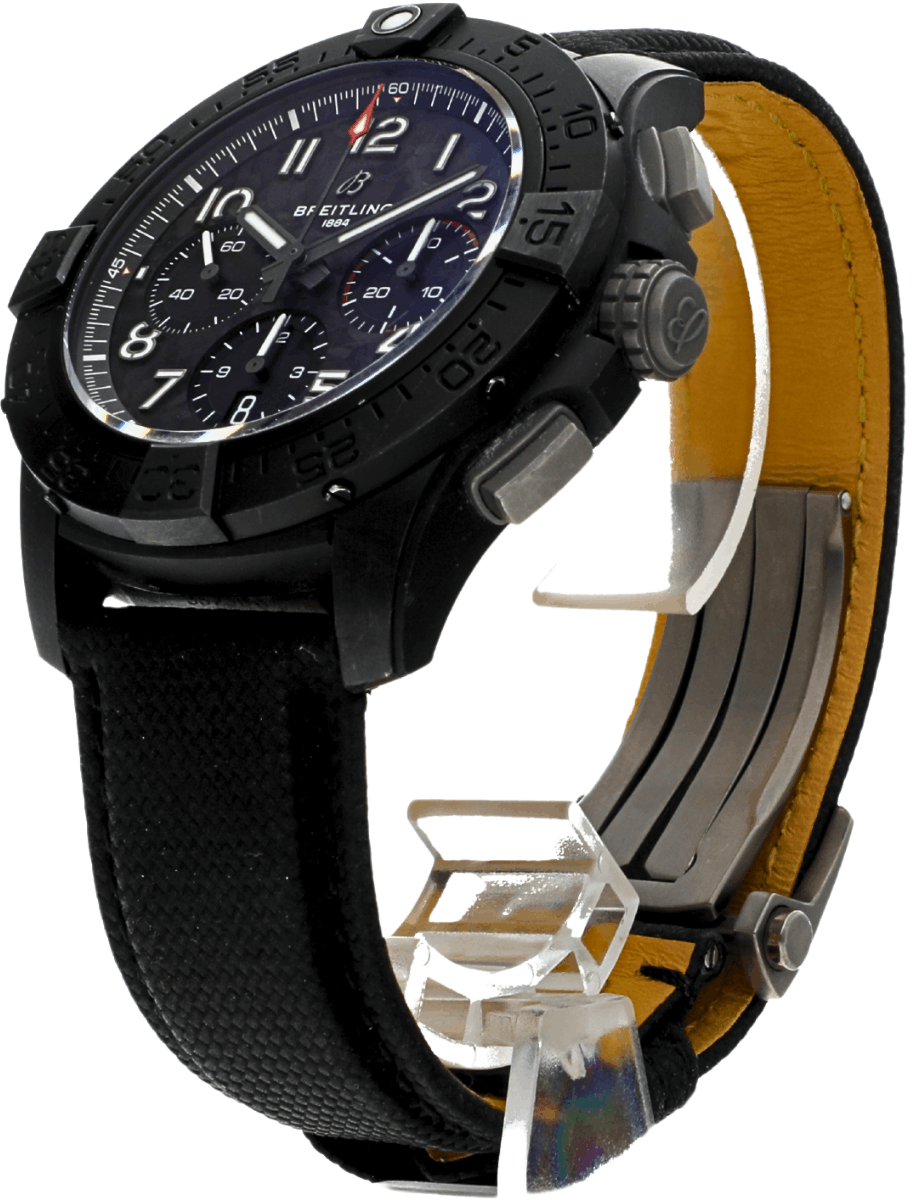 Left side view of Pre-owned Breitling wristwatch with black ceramic case, carbon dial, and black calfskin military strap.