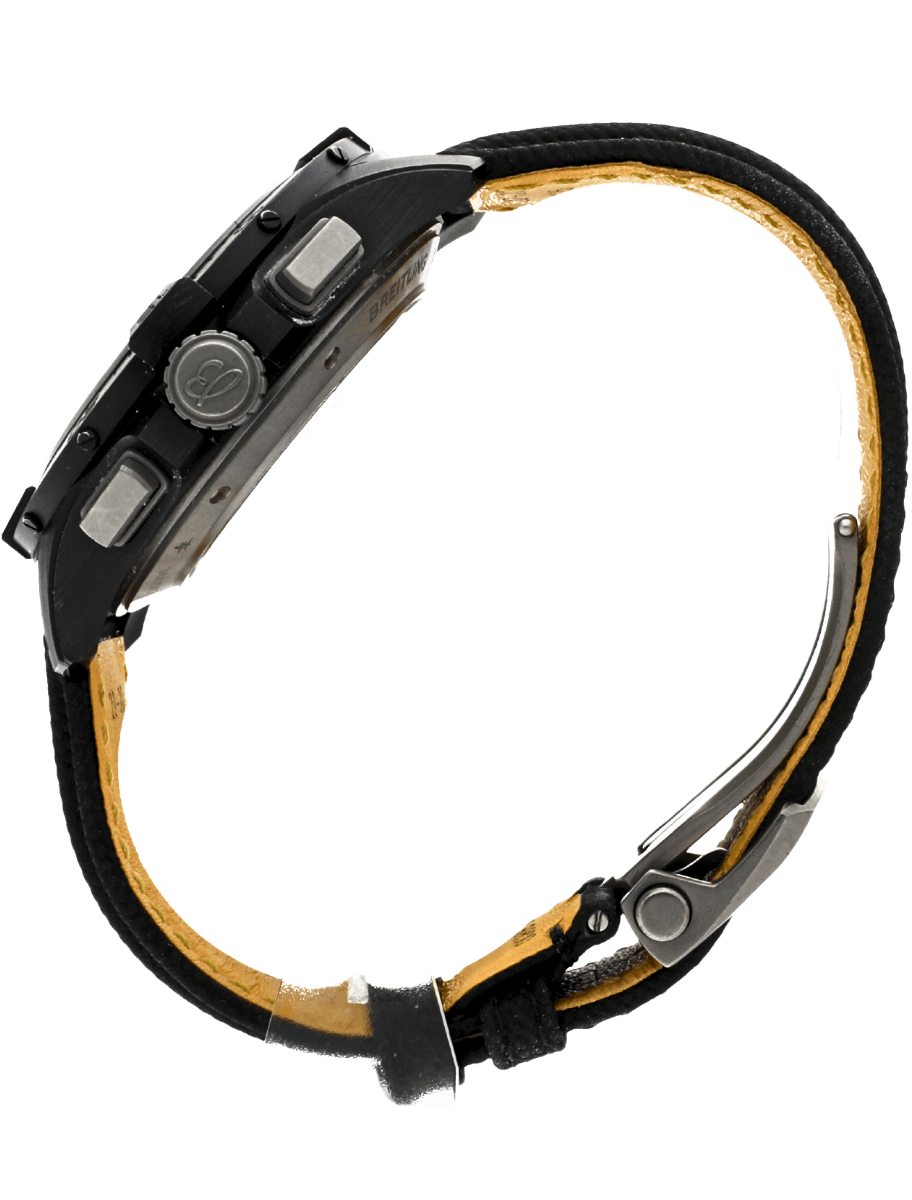 Side view of pre-owned Breitling wristwatch with black ceramic case, and black calfskin military strap.