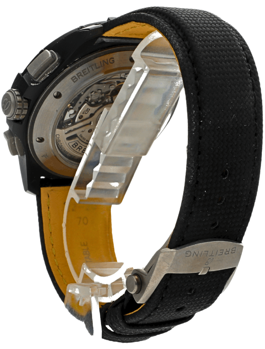 Back view of pre-owned Breitling wristwatch with black ceramic case, black calfskin military strap and sapphire crystal case back.