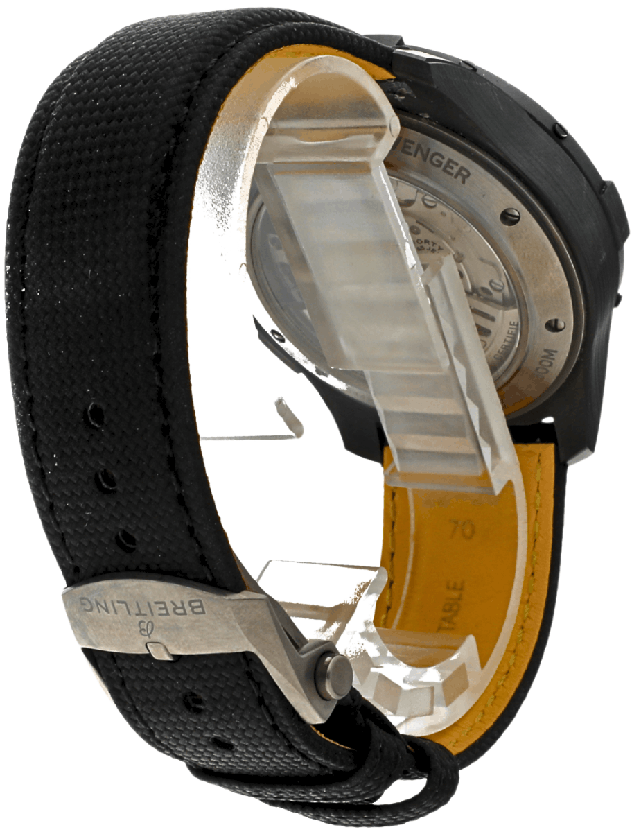 Back view of pre-owned Breitling wristwatch with black ceramic case, black calfskin military strap and sapphire crystal case back.