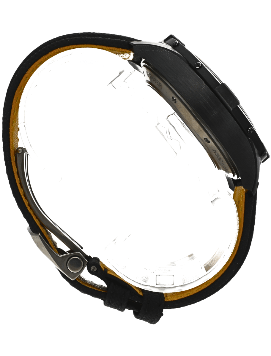 Side view of pre-owned Breitling wristwatch with black ceramic case, and black calfskin military strap.