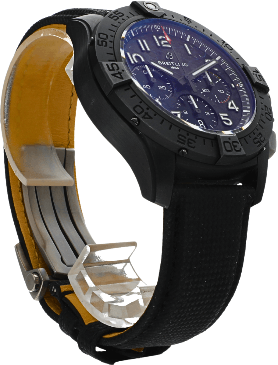Right side view of Pre-owned Breitling wristwatch with black ceramic case, carbon dial, and black calfskin military strap.
