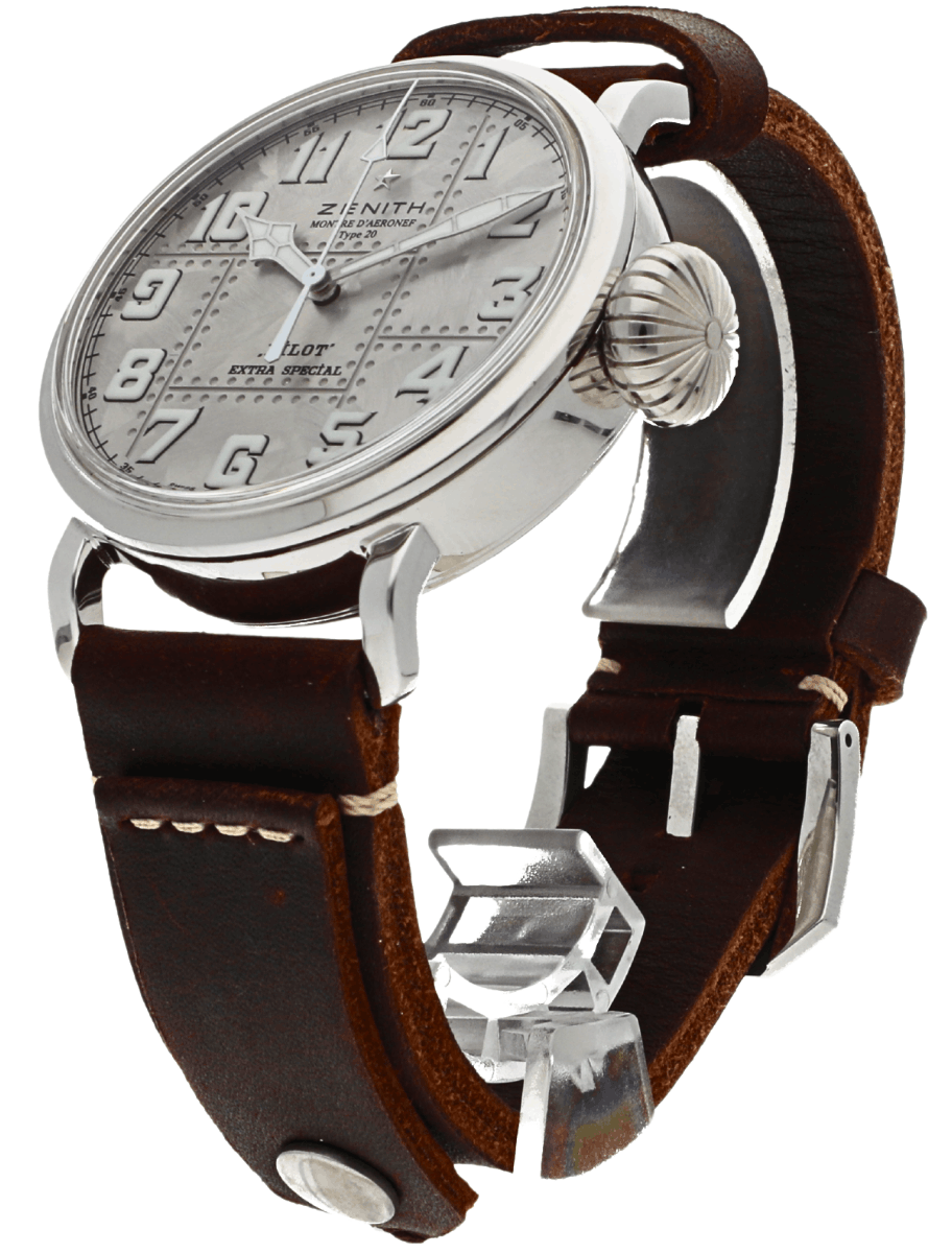 Left side view of pre-owned Zenith Pilot Extra Special wristwatch with a silver case and dial, and brown calfskin leather strap.