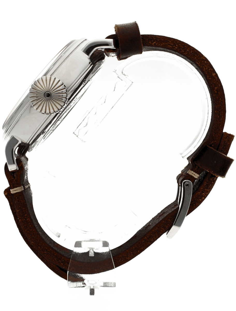 Side view of pre-owned Zenith Pilot Extra Special wristwatch with a silver case, and brown calfskin leather strap.