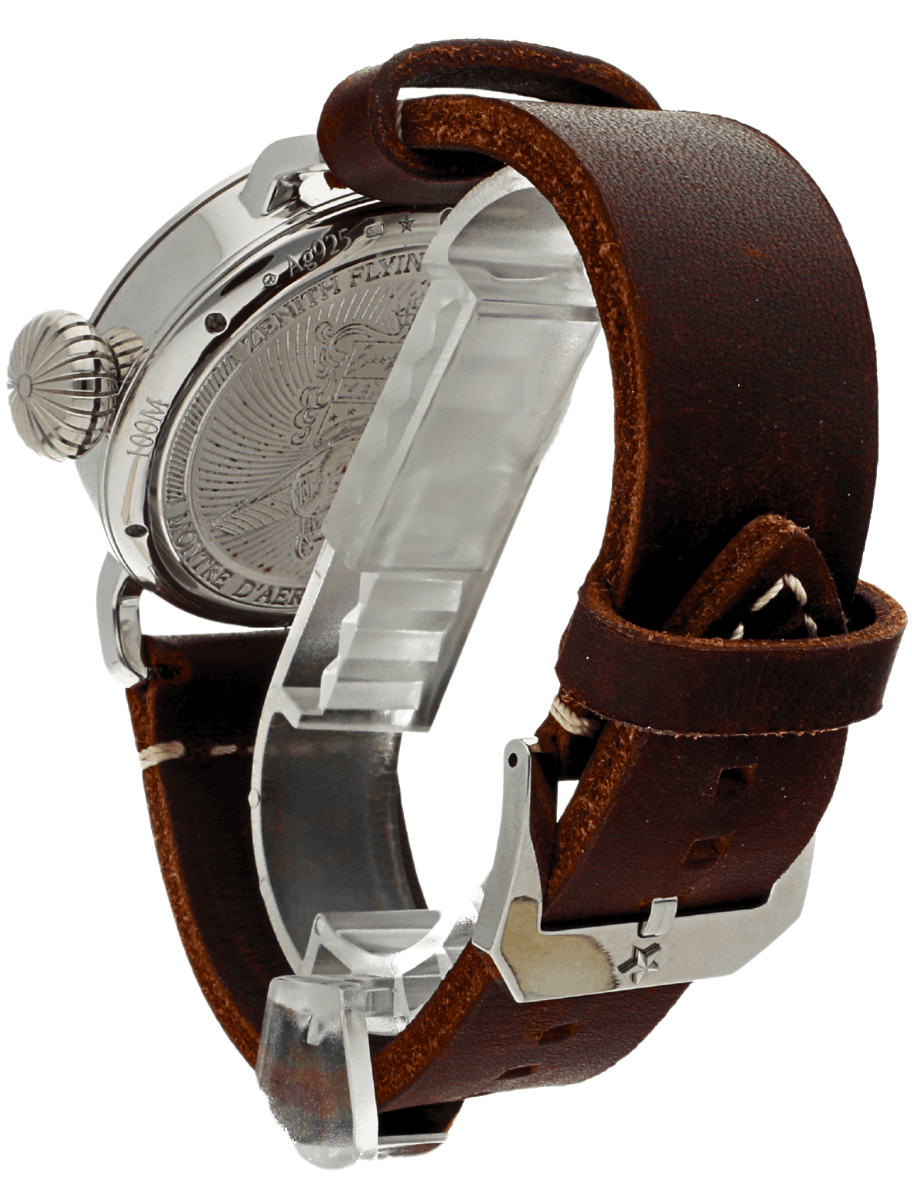 Back view of pre-owned Zenith Pilot Extra Special wristwatch with a silver case, and brown calfskin leather strap.
