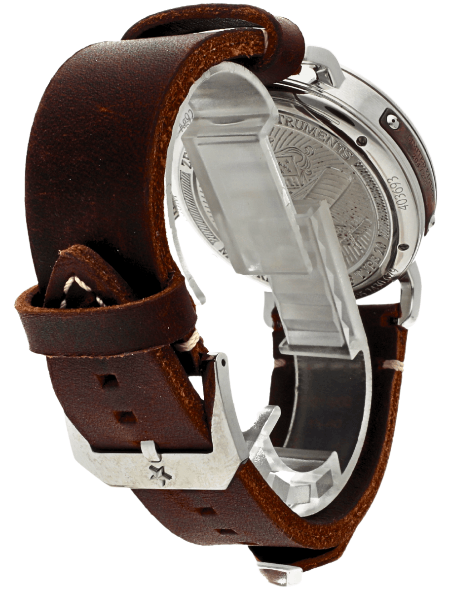 Back view of pre-owned Zenith Pilot Extra Special wristwatch with a silver case, and brown calfskin leather strap.
