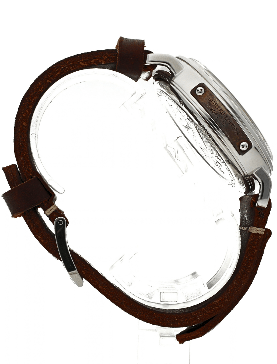 Side view of pre-owned Zenith Pilot Extra Special wristwatch with a silver case, and brown calfskin leather strap.