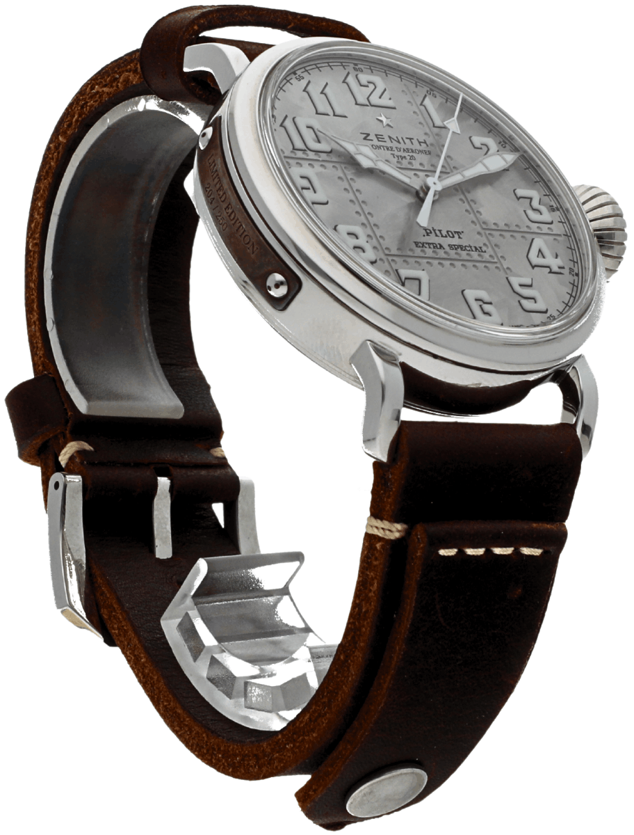 Right side view of pre-owned Zenith Pilot Extra Special wristwatch with a silver case and dial, and brown calfskin leather strap.