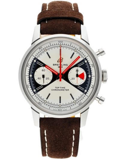 Pre-owned Breitling Top Time Chronometer wristwatch with white dial, black subdials, red hands, and brown calfskin leather strap.
