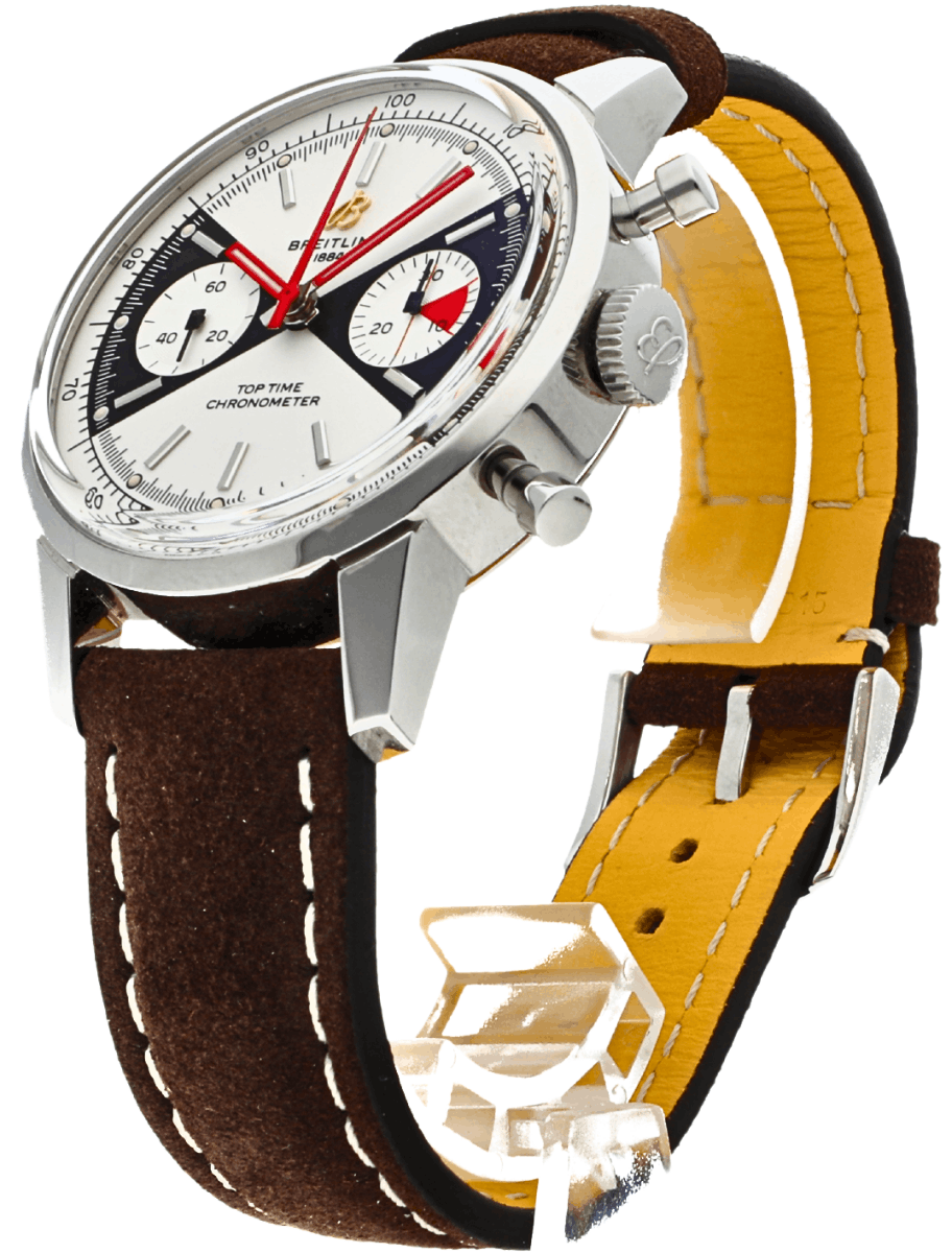Left side view of Pre-owned Breitling Top Time Chronometer wristwatch with white dial, black subdials, red hands, and brown calfskin leather strap.