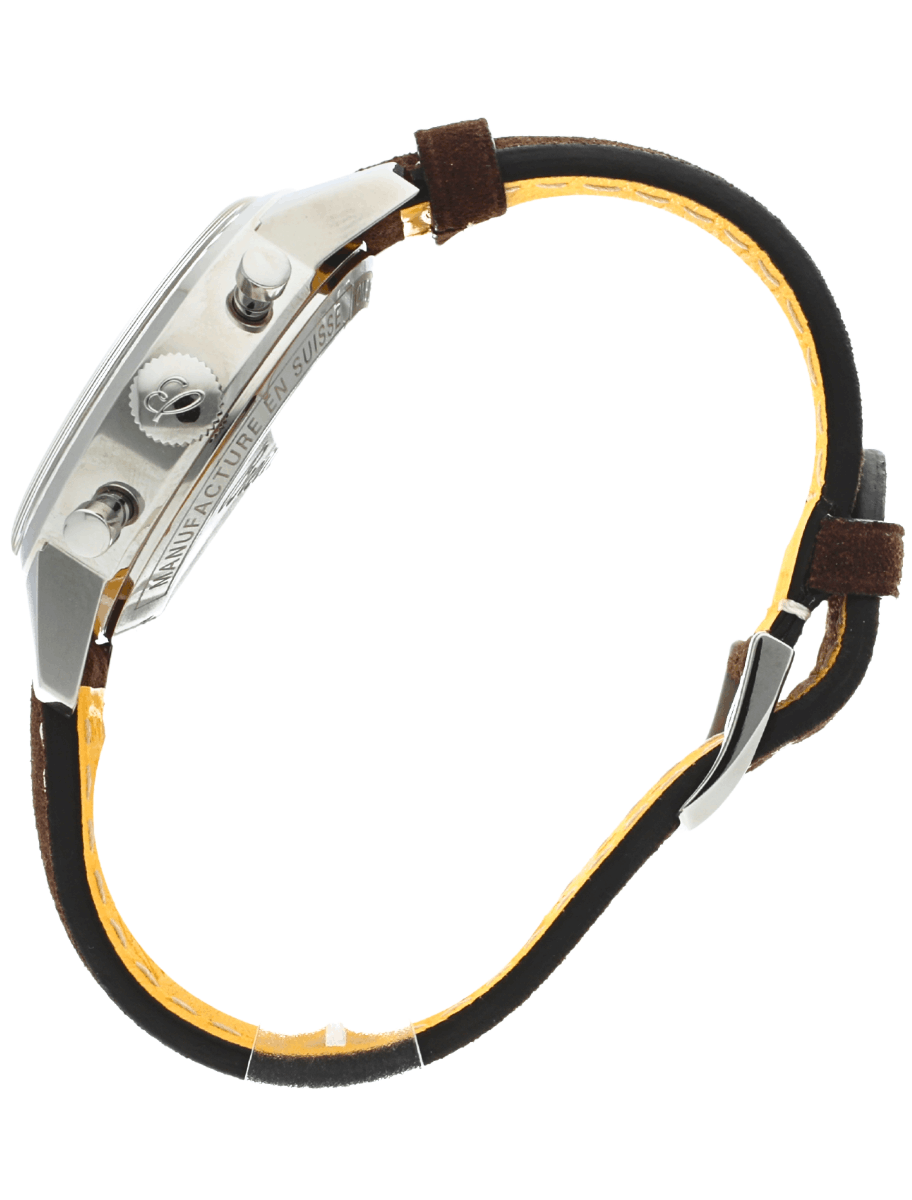 Side view of pre-owned Breitling Top Time Chronometer wristwatch with stainless steel case, and brown calfskin leather strap.