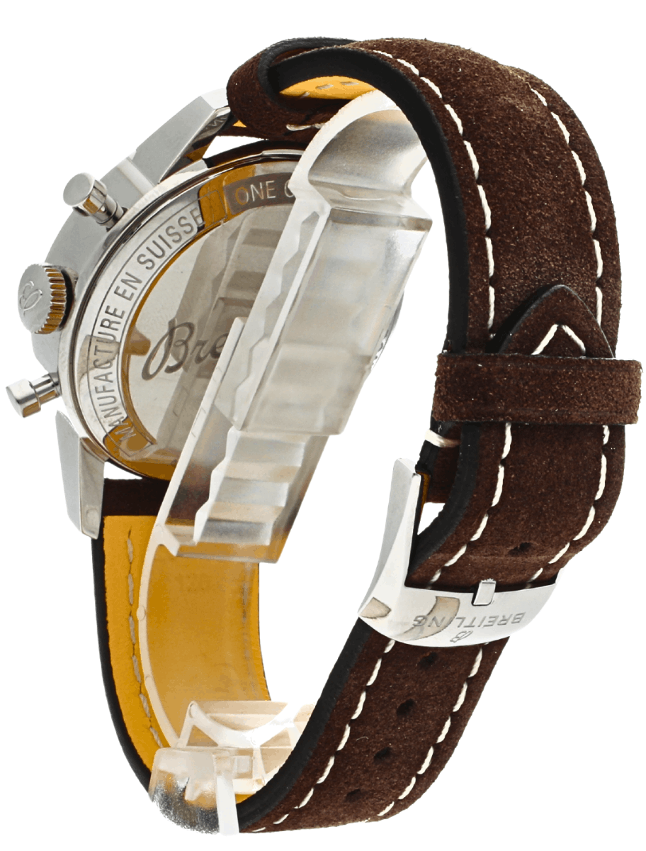 Pre-owned Breitling Top Time Chronometer wristwatch with a brown leather strap, stainless steel case, shown from the back with visible white stitching.