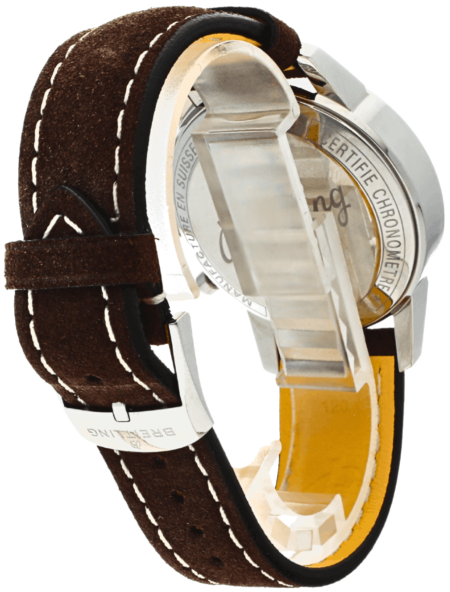 Pre-owned Breitling Top Time Chronometer wristwatch with a brown leather strap, stainless steel case, shown from the back with visible white stitching.