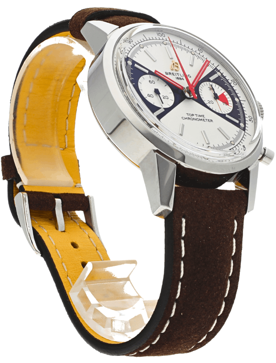 Right side view of Pre-owned Breitling Top Time Chronometer wristwatch with white dial, black subdials, red hands, and brown calfskin leather strap.