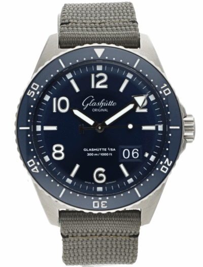 Pre-owned Glashutte Original wristwatch with stainless steel case, blue dial, and grey synthetic strap.