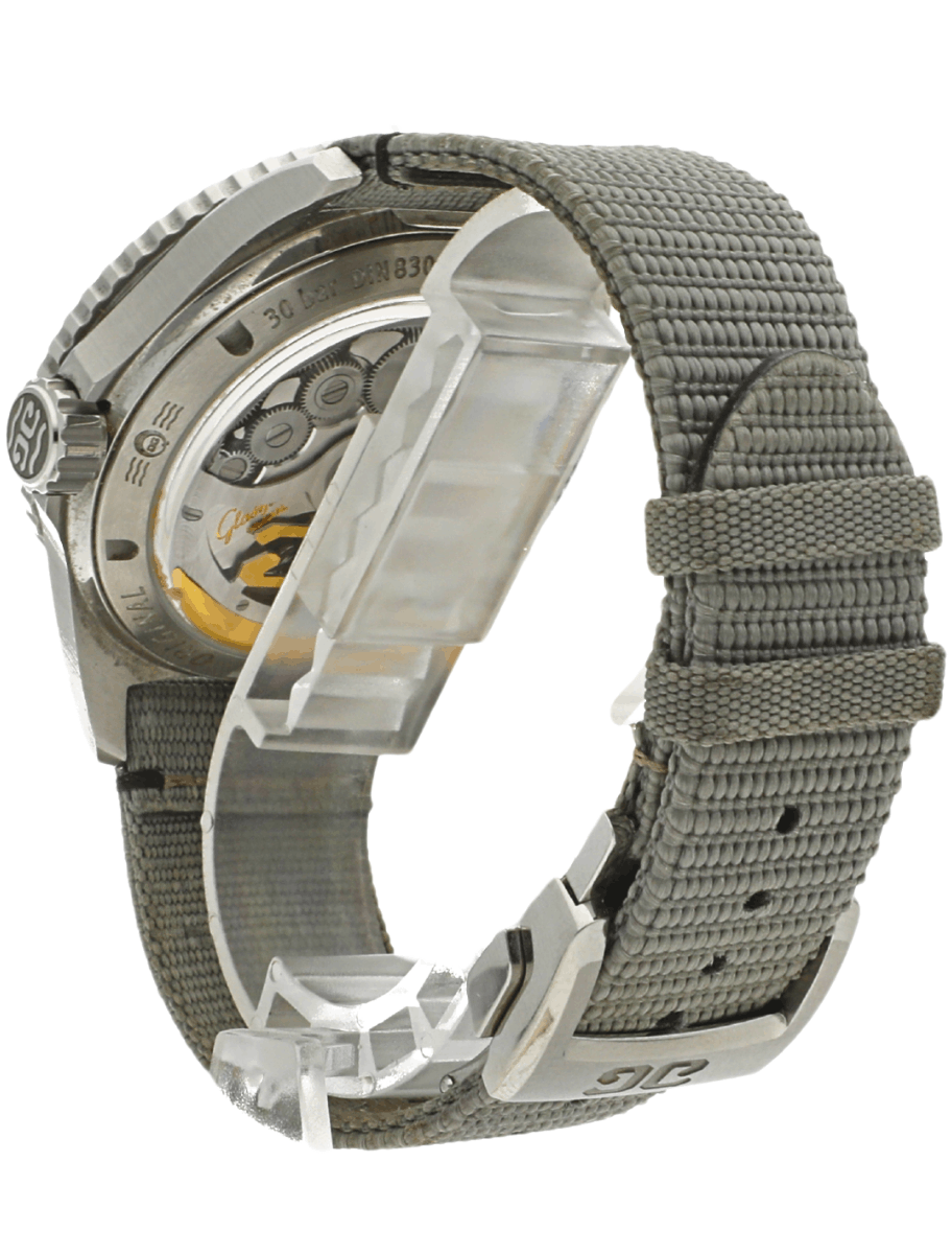 Back view of pre-owned Glashutte Original wristwatch with stainless steel case, and grey synthetic strap.