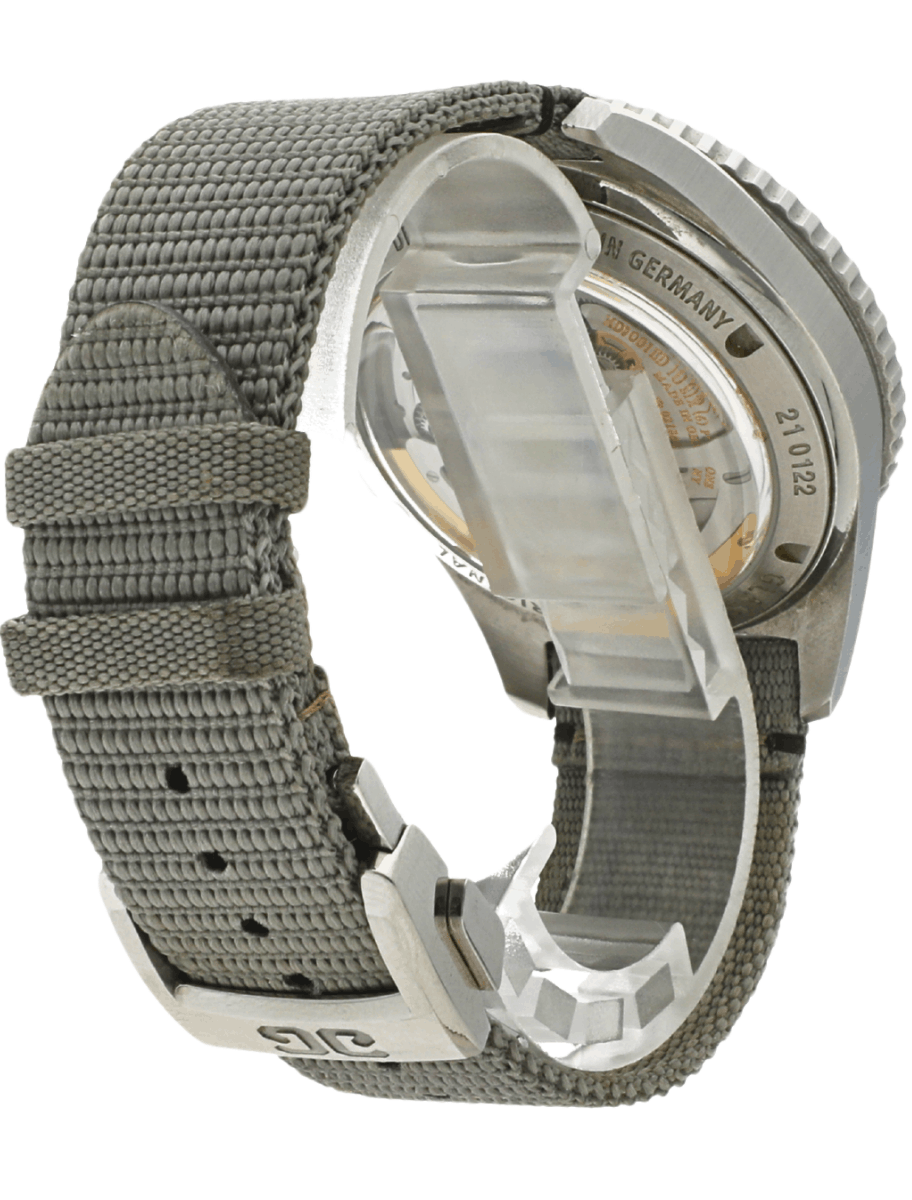Back view of pre-owned Glashutte Original wristwatch with stainless steel case, and grey synthetic strap.
