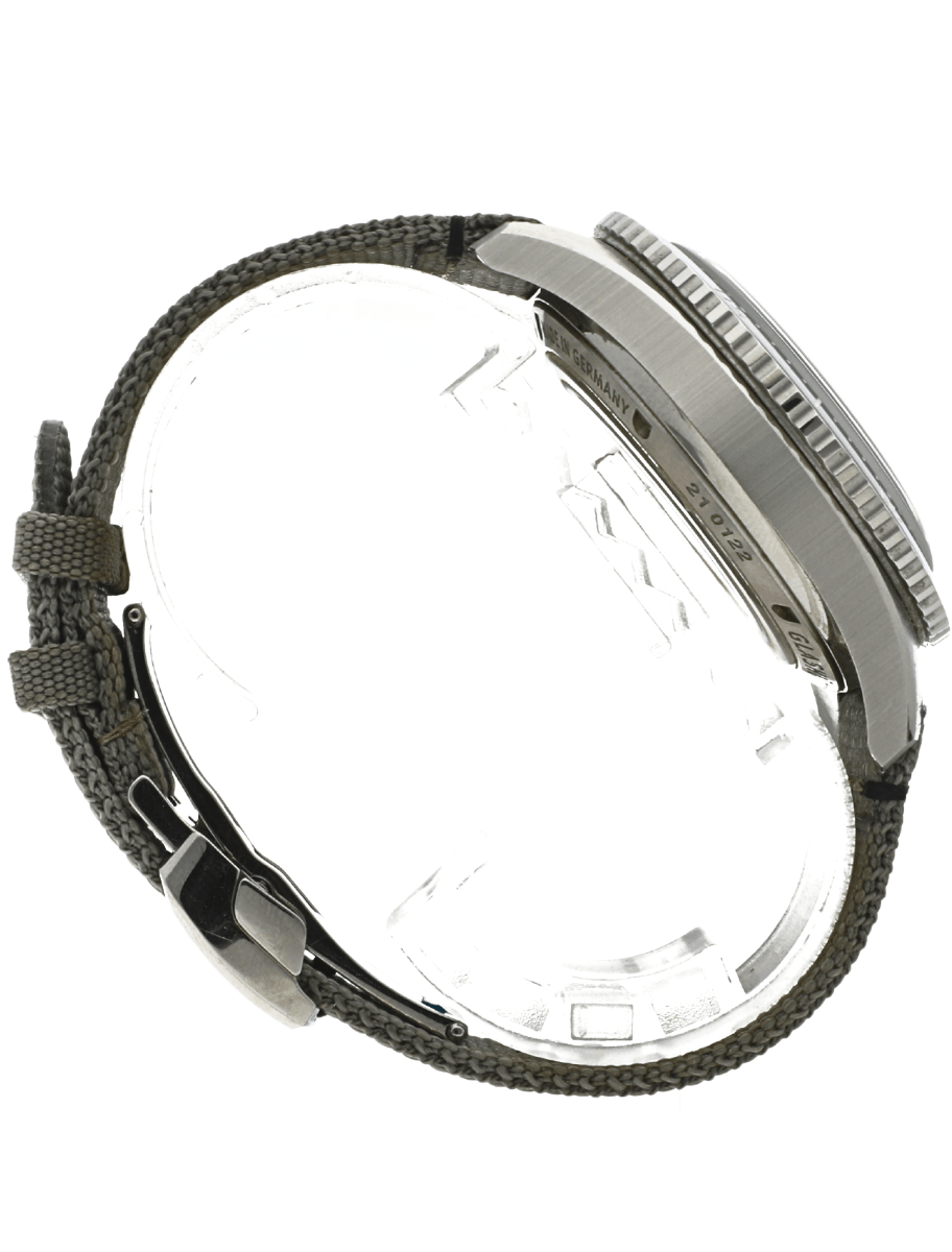 Side view of Pre-owned Glashutte Original wristwatch with stainless steel case, and grey synthetic strap.