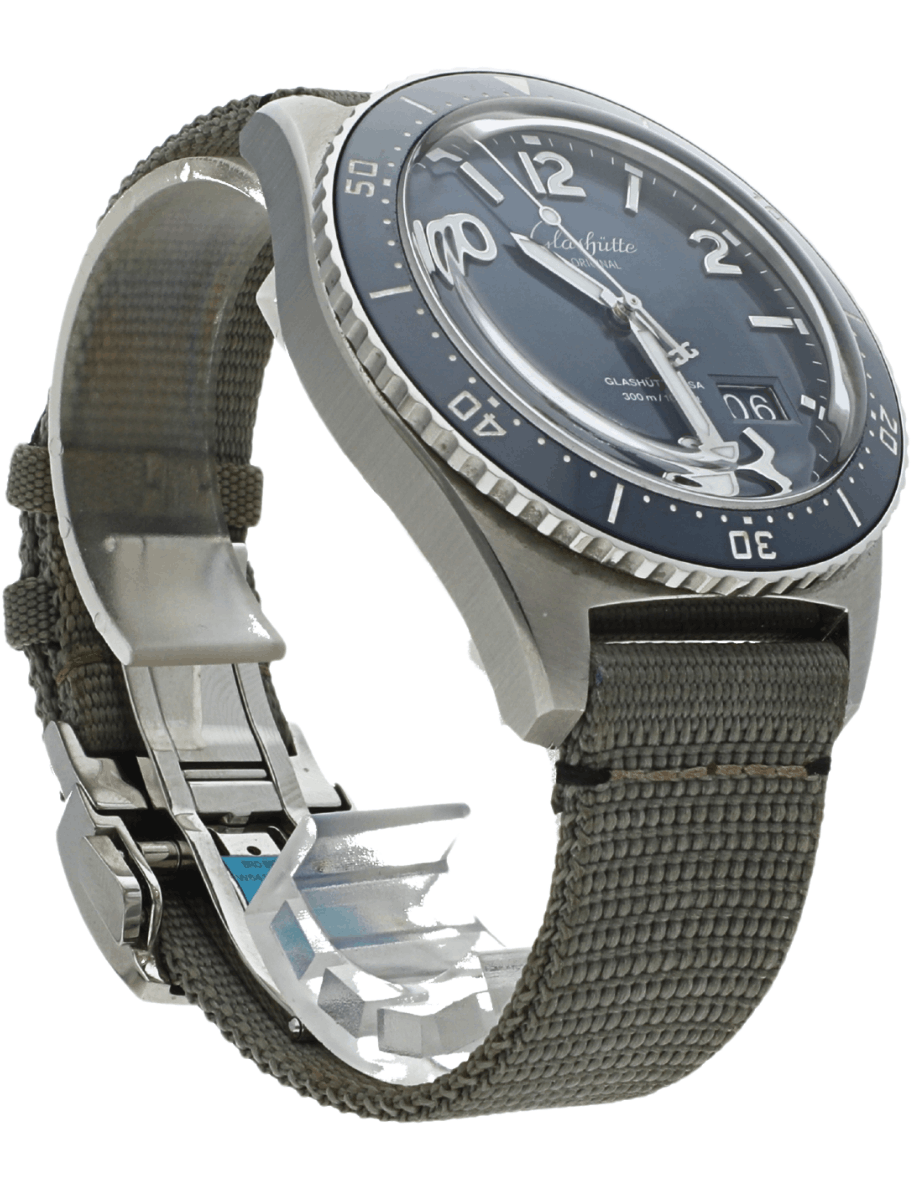 Right side view of Pre-owned Glashutte Original wristwatch with stainless steel case, blue dial, and grey synthetic strap.