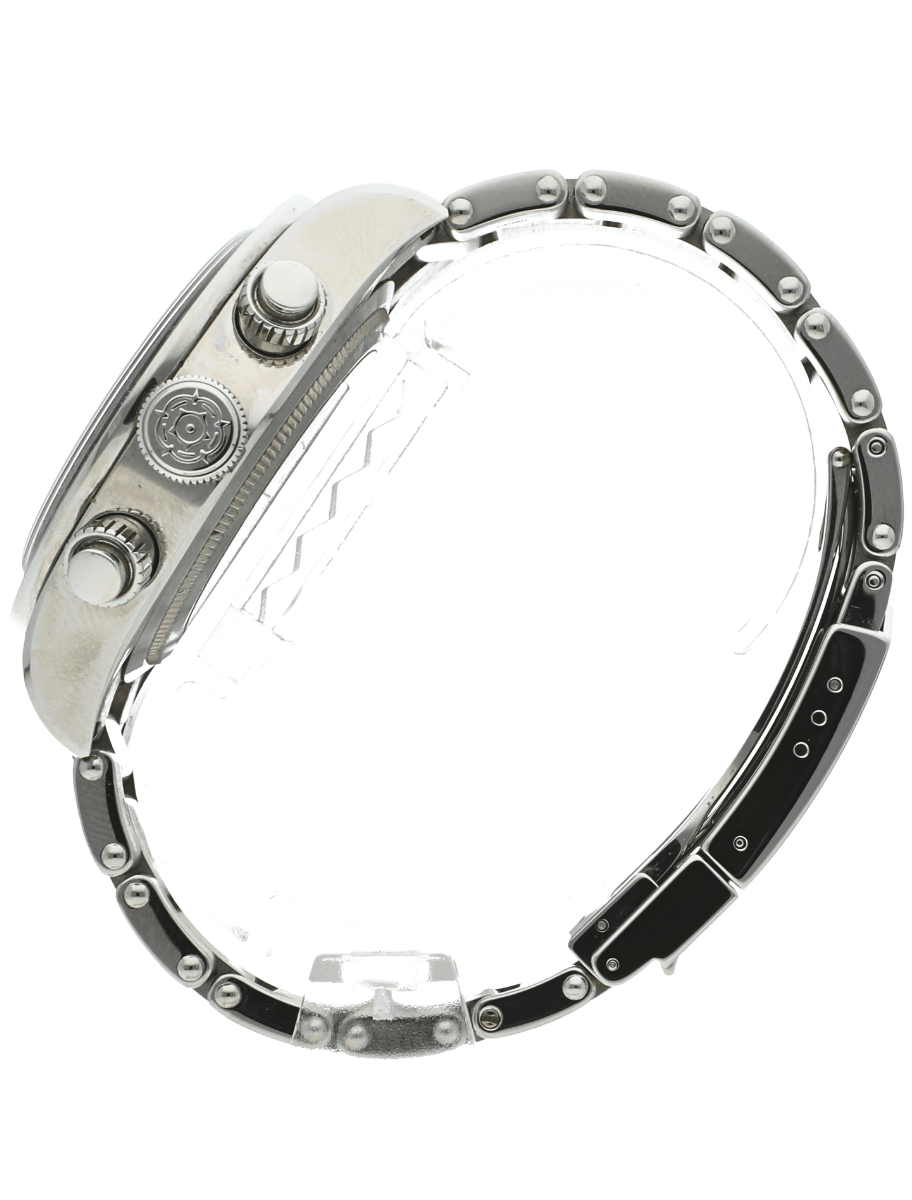 Side view of Pre-owned Tudor wristwatch with stainless steel case and bracelet, and opaline and black dial.
