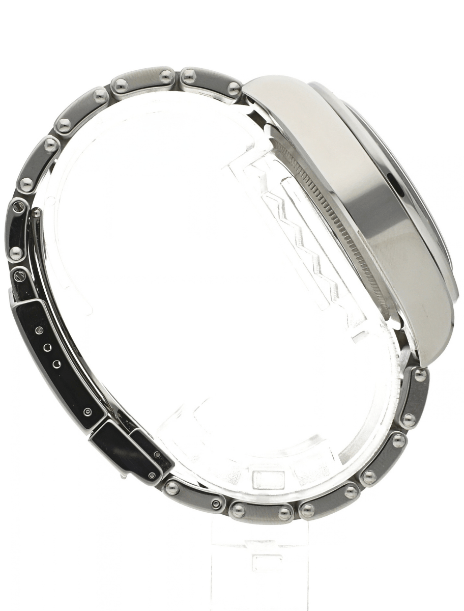 Side view of Pre-owned Tudor wristwatch with stainless steel case and bracelet, and opaline and black dial.