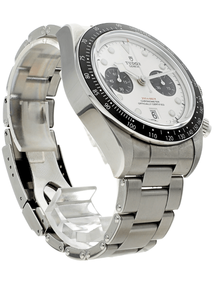Right side view of Pre-owned Tudor wristwatch with stainless steel case and bracelet, and opaline and black dial.
