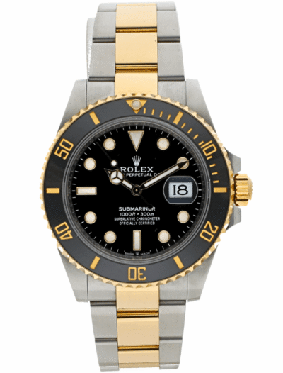 Pre-owned Rolex Submariner watch with black dial, Oystersteel and yellow gold case and bracelet.