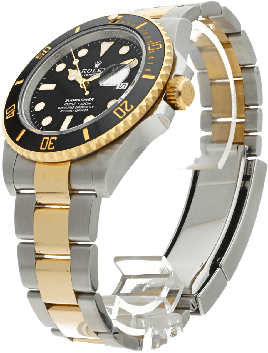 Left side view of pre-owned Rolex Submariner watch with black dial, Oystersteel and yellow gold case and bracelet.