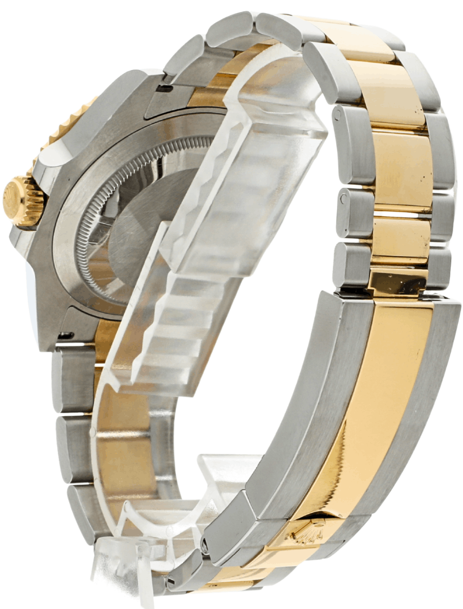 Back view of pre-owned Rolex Submariner watch with Oystersteel and yellow gold case and bracelet, and screw-down case back.