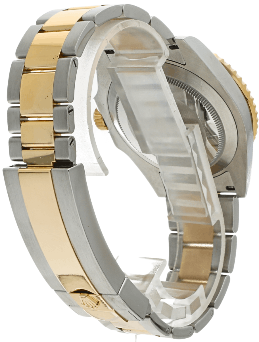 Back view of pre-owned Rolex Submariner watch with Oystersteel and yellow gold case and bracelet, and screw-down case back.