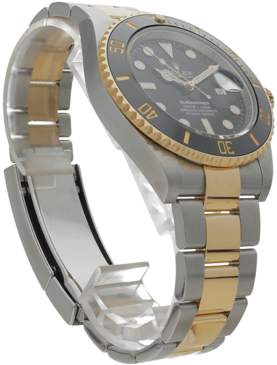 Right side view of pre-owned Rolex Submariner watch with black dial, Oystersteel and yellow gold case and bracelet.