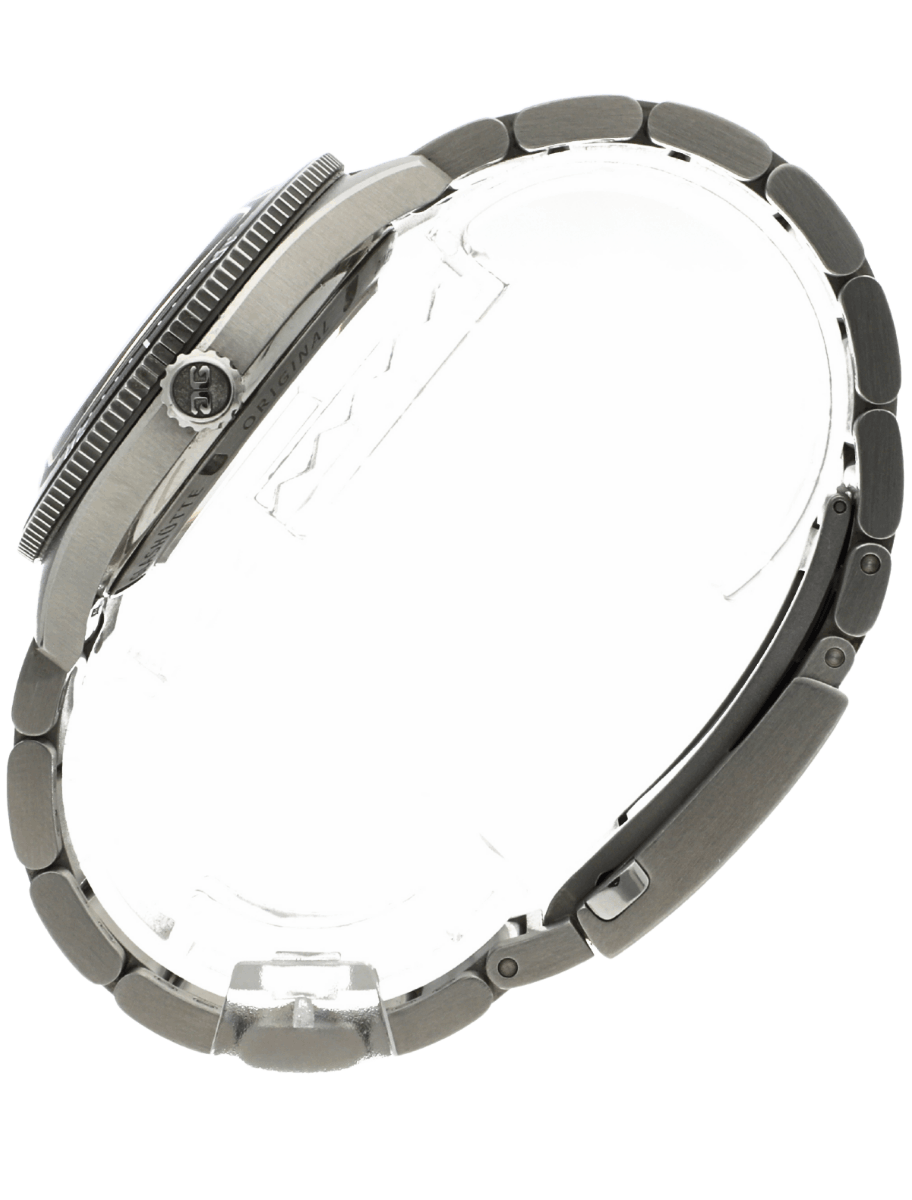 Side view of pre-owned Glashütte Original diver watch with stainless steel case and bracelet.