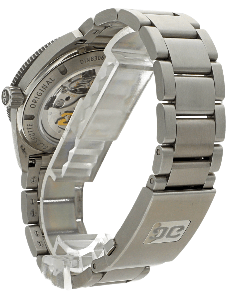 Back view of pre-owned Glashütte Original diver watch with stainless steel case and bracelet, and open case back.