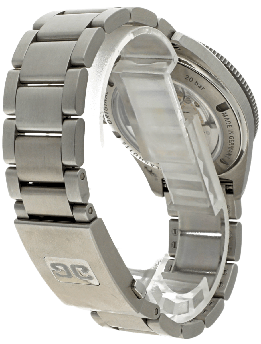 Back view of pre-owned Glashütte Original diver watch with stainless steel case and bracelet, and open case back.