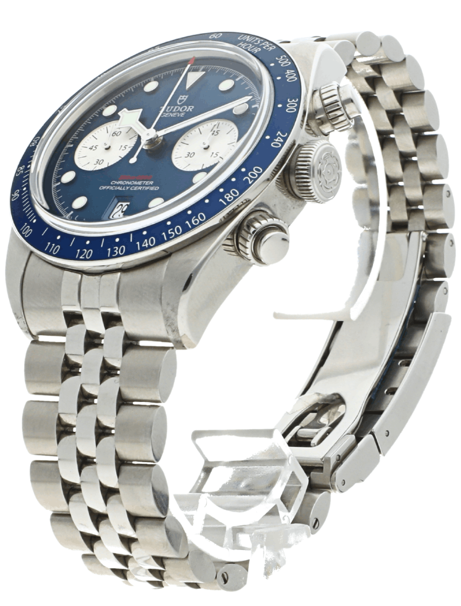 Stainless steel chronograph wristwatch with a blue dial, white subdials, and a metal bracelet with a rotating tachymeter bezel.