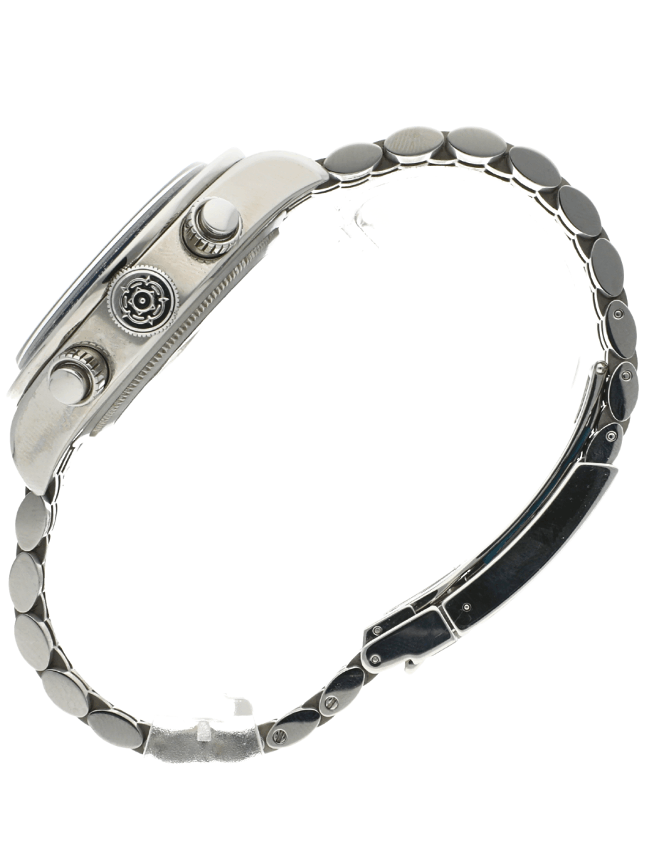 Side view of a silver wristwatch with metal link bracelet and crown detail visible on the case edge