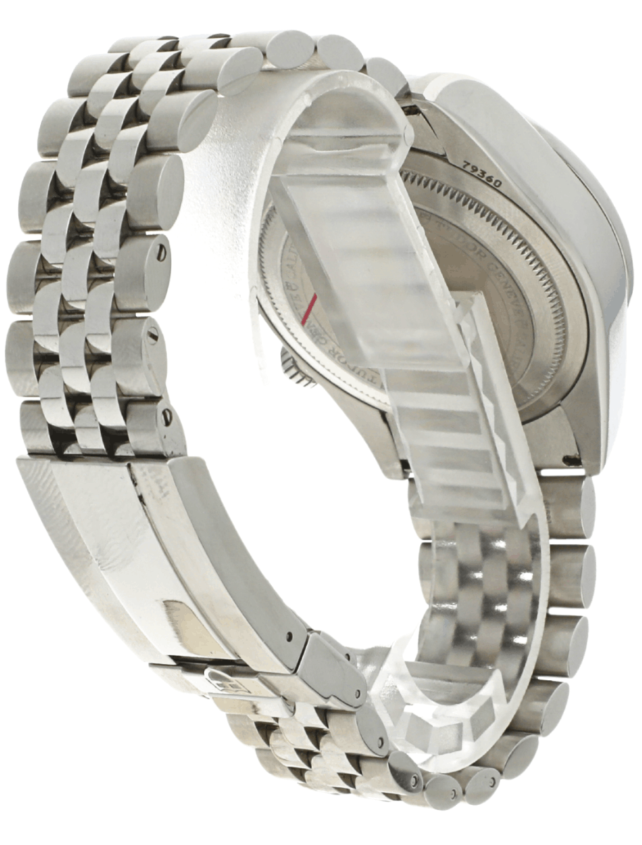 Side view of a stainless steel wristwatch with a metal link bracelet and deployant clasp.