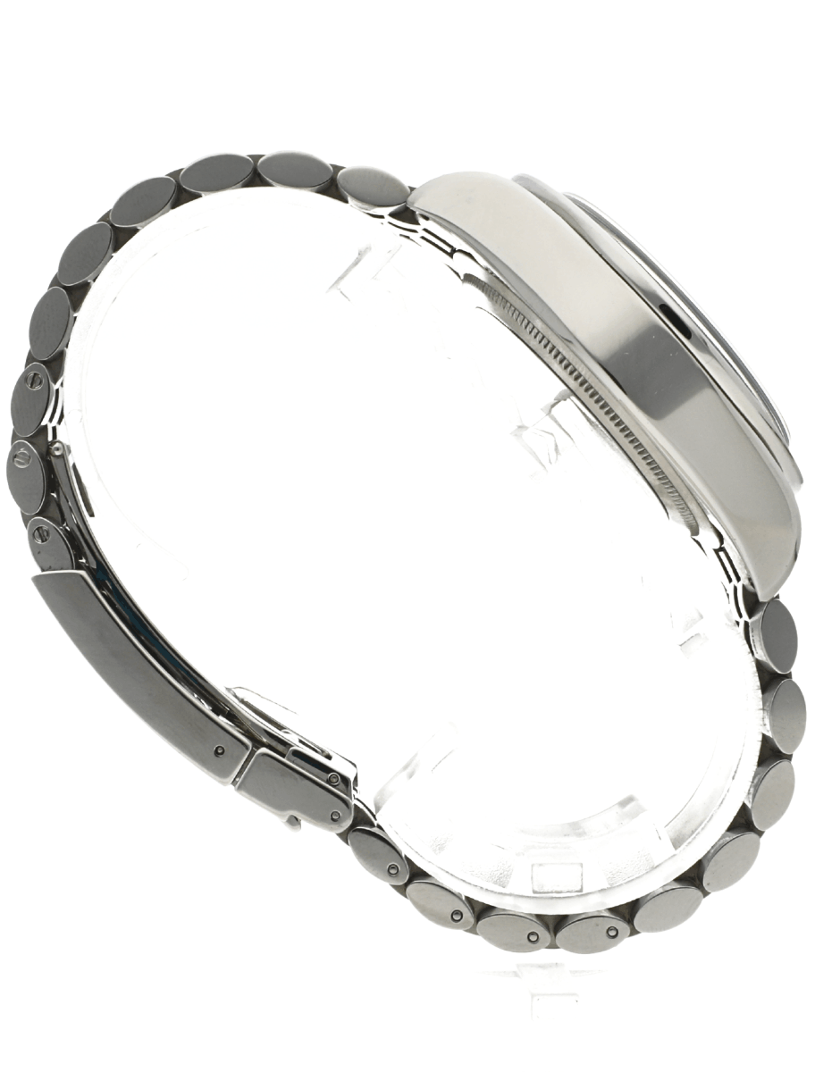 Side view of a silver stainless steel watch bracelet with a deployed clasp on a white background