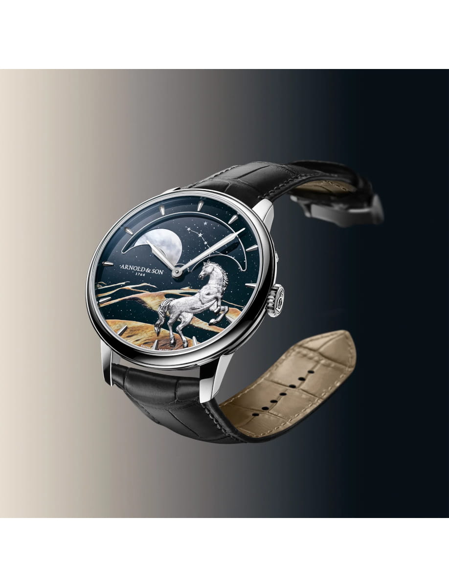 Arnold & Son wristwatch with a moon and horse engraving on a starry night dial and black leather strap