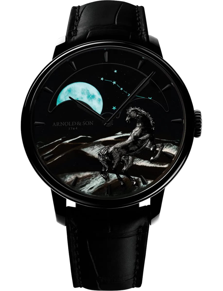Black luxury watch with a night-sky dial: turquoise moon, stars, and a rearing horse over a snowy landscape.
