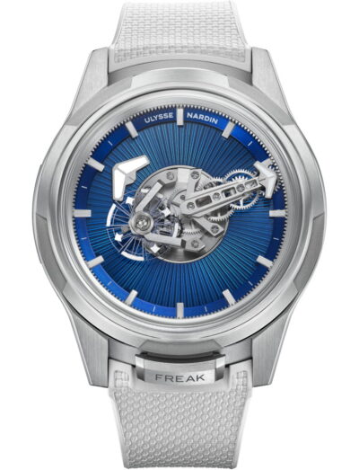 Ulysse Nardin wristwatch with titanium case, no dial, no hands, no crown, and white rubber strap.