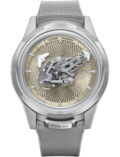Ulysse Nardin wristwatch with titanium case, no dial, no hands, no crown, and grey rubber strap.