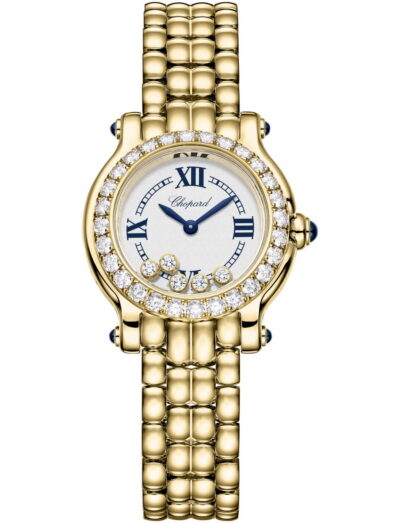 Gold Chopard women's wristwatch with a diamond-encrusted bezel, blue hands, and a gold link bracelet